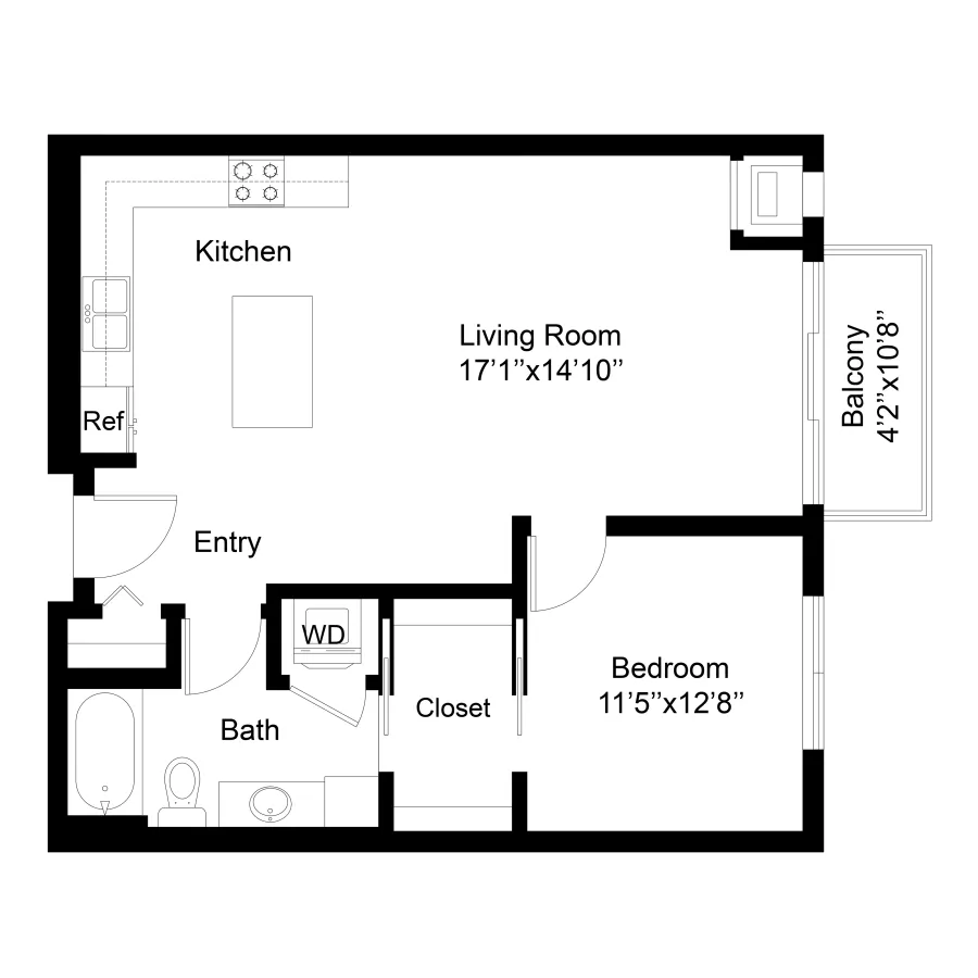 One-bedroom apartment floor plan featuring a kitchen, living room, bath, closet, and balcony.