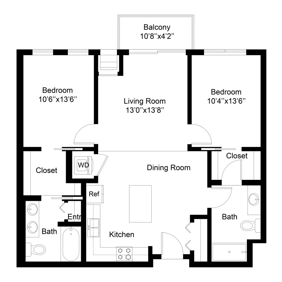 Floor plan graphic of a 2-bedroom, 2-bath apartment with living room, dining room, kitchen, and balcony.