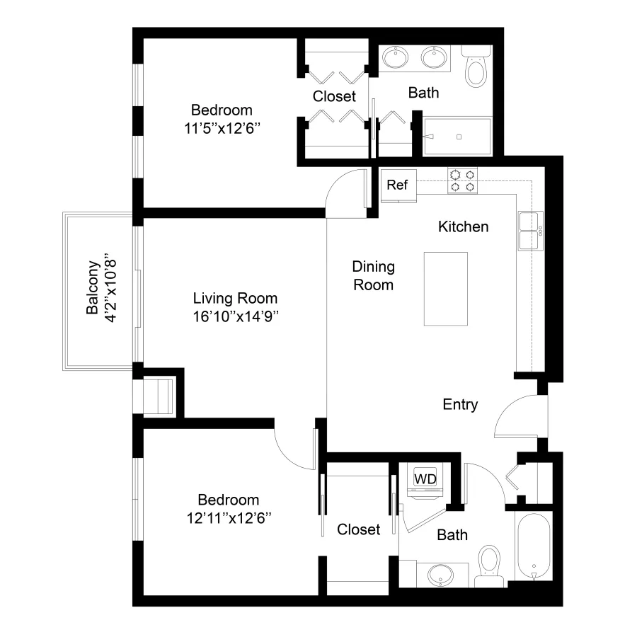 Floor plan for a 2-bedroom, 2-bathroom apartment with living room, dining room, kitchen, and balcony.