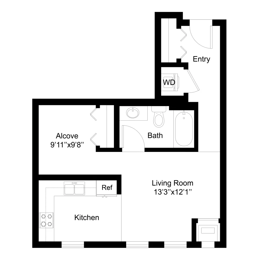 Floor plan graphic of a studio apartment with kitchen, living room, alcove, bath, and entry.
