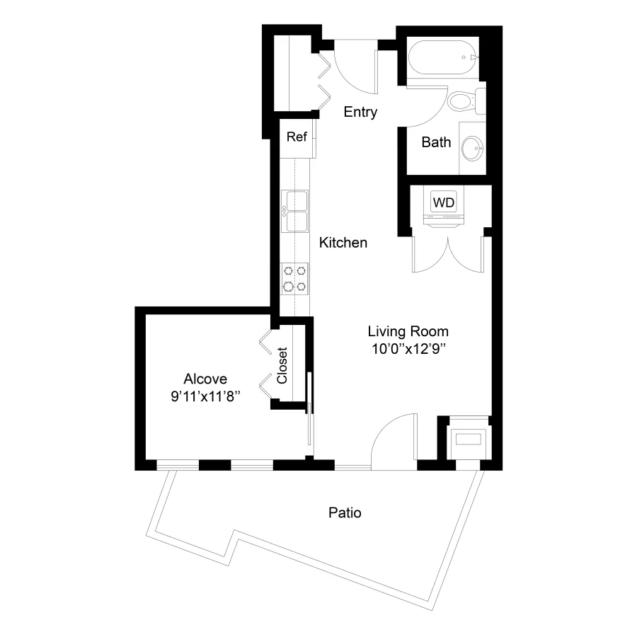 Floor plan of a studio apartment with kitchen, bath, living room (10'2"x12'8"), alcove (8'11"x11'6"), and patio.