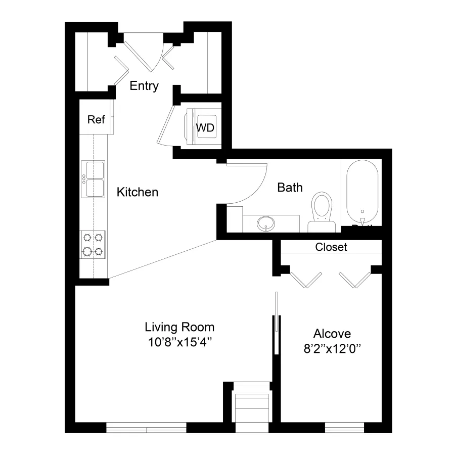 Monochrome floor plan showing an entry, kitchen, living room, bath, and an alcove bedroom.